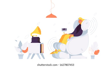 Young happy woman relaxing in full body massage chair listening to music. Isolated on white background vector illustration in flat style decorated with lines. Home interior scene with gramophone