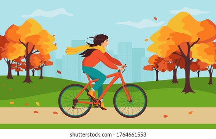 Young happy woman rides a bicycle in the autumn city park. The concept of outdoor activities in the city in the fall. September, October warm weather. Cute cartoon vector illustration.