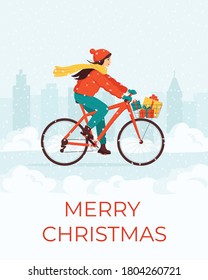 Young happy woman rides a bicycle in a snowy city park with gifts in a basket in winter. Concept for cute Christmas card, invitation, poster. New Year's Holidays. Cartoon vector illustration