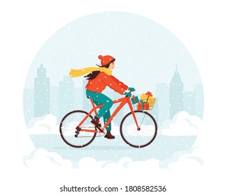 Young happy woman rides a bicycle with gifts in a basket in a snowy city park. Concept for greeting card, invitation, banner, sticker. New Year and Christmas holidays. Isolated vector illustration