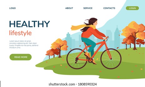 Young happy woman rides a bicycle in the autumn city park. Online store landing page concept, website layout. Eco-friendly transport, vehicle. Cute cartoon vector illustration isolated on white