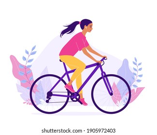 Young happy woman rides a bicycle in sportswear. The concept of outdoor activities in the city, cardio exercise, healthy lifestyle. Eco-friendly vehicle. Cartoon vector illustration isolated on white