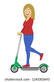 Young happy woman riding her electric scooter isolated on white background