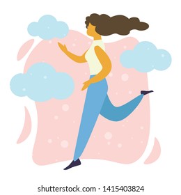 Young Happy Woman Running on Pink Background with Blue Clouds. Summer Time Activities, Healthy Lifestyle, Sport, Leisure. Girl Jogging, Morning Exercise, Wight Loss. Cartoon Flat Vector Illustration