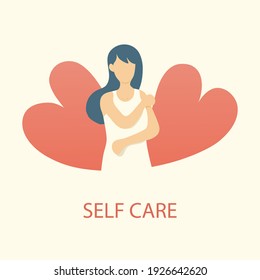 young happy woman self love,hug yourself with love,heart and motivation,regard for own happiness or advantage,Vector illustration.