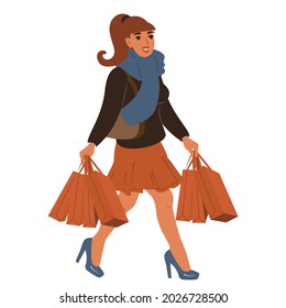 Young happy woman shopaholic in warm clothes walking with shopping bags. Isolated flat vector illustration