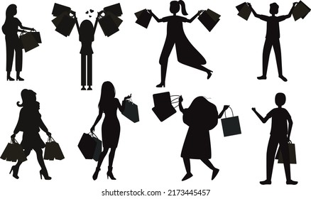 Young happy woman with shopping bags silhouettes