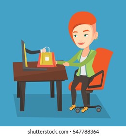 Young happy woman shopping online. Smiling woman making online order in virtual shop. Cheerful caucasian woman using laptop for online shopping. Vector flat design illustration. Square layout.