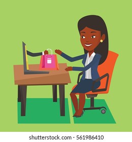 Young happy woman shopping online. Smiling woman making online order in virtual shop. Cheerful african-american woman using laptop for online shopping. Vector flat design illustration. Square layout.