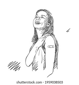 Jovem mulher feliz mostrando seu braço depois de receber vacina, esboço Vetor, Mulher caucasiana com bandagem no braço sorrindo, Mão desenhada preto e branco gráficos, ilustração de pessoas vacinadas