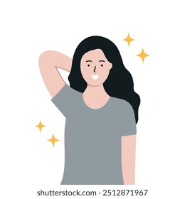 Young happy woman showing her clean dry armpit. Health, body odor, beauty, hygiene concepts. Flat character vector design illustrations.