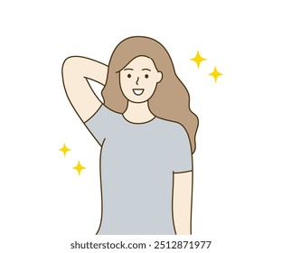 Young happy woman showing her clean dry armpit. Health, body odor, beauty, hygiene concepts. Hand drawn character vector design illustrations.