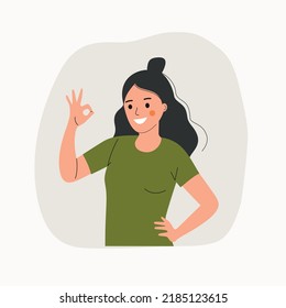 Young happy woman shows Ok sign. Positive gesture, approval gesturing. Vector flat style cartoon  illustration.