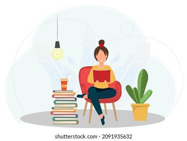 Young happy woman sitting in the armchair and reading the book, hobby concept, education concept, flat vector illustration