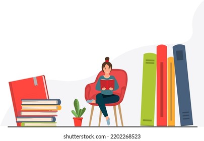 Young happy woman sitting with book in the armchair, student reading books at the library, domestic life concept, reading is power concept, flat vector illustration