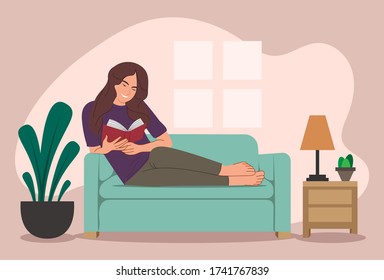 young happy woman sitting on sofa and reading book at home. Vector illustration in flat cartoon style.