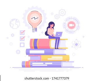 Young happy woman sitting on pile of books and using his laptop. E-learning, webinar, online video training, distance education concept. Modern vector illustration.