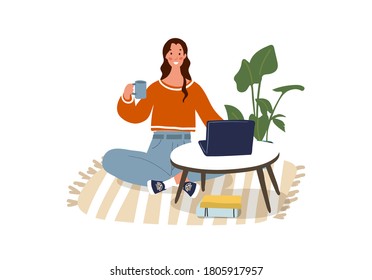 Young happy woman is sitting on the floor, drinking coffee and working on the computer. Remote work, online education, home office, online meeting with friends. Flat cartoon vector illustration