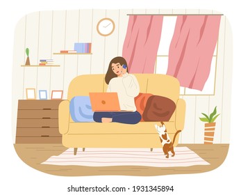 Young happy woman sitting on coach using laptop and smartphone in cozy living room. Concept of work from home, home office, freelancer, free time, e-commerce, quarantine. Flat vector illustration.