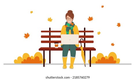 Young Happy Woman Sitting On The Bench In The Autumn Park With Coffee And Laptop. Freelancer Concept. Vector Illustration