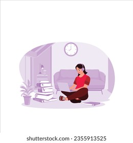 Young, happy woman sitting relaxed on the couch holding a laptop, doing remote work in a comfortable home office. Freelance Productivity concept. Trend Modern vector flat illustration