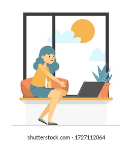 Young happy woman sitting at the window and working vector isolated. Freelancer with laptop at home in quarantine. Remote work, comfortable workplace.