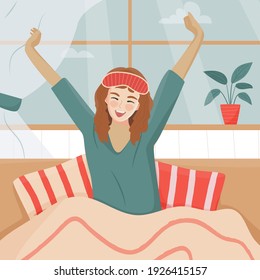 
Young happy woman in sleep mask stretching her arms and smiling after waking up. Good morning concept. Smiling positive woman awaken in comfortable bedroom feel optimistic welcome new day