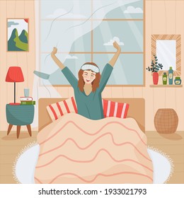 Young happy woman in sleep mask stretching her arms and smiling  after waking up. Good morning concept. Smiling positive woman awaken in comfortable bedroom feel optimistic welcome new day