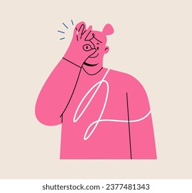 Young happy woman smiling doing ok sign with hand on eye looking through fingers. Colorful vector illustration
