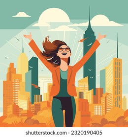 Young Happy woman smiling, empowering herself and enjoying possibilities in Big City, vector illustration