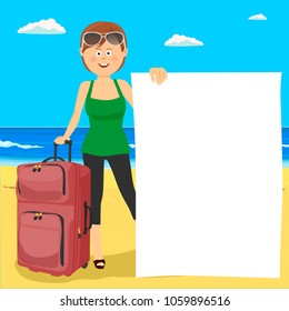 Young happy woman standing at the tropical beach with suitcase and blank board