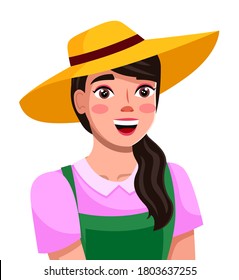 Young happy woman in a straw hat with wide brim, dressed in a pink dress and a green apron. Sweet smiling female character isolated on white background. Cute dark haired girl gardener or farmer worker