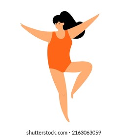 Young happy woman in a swimsuit is dancing. Summer time. Flat vector illustration in cartoon style isolated on white background