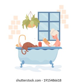 Young Happy Woman Take A Bath And Reading Book Vector Flat Illustration. Woman Resting With Domestic Pet In Bathroom. Bath Time, Taking Care Of Herself, Spa Procedure In Salon, Hotel, Or At Home.