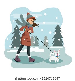 Young happy woman takes a dog for a walk in winter. Outdoor activity concept in the snow. Vector illustration.