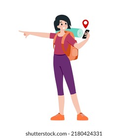 Young happy woman tourist flat cartoon character. Traveling people on summer vacation trip, Isolated on white background.
