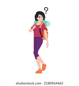 Young happy woman tourist flat cartoon character. Traveling people on summer vacation trip, Isolated on white background.