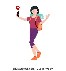 Young happy woman tourist flat cartoon character. Traveling people on summer vacation trip, Isolated on white background.