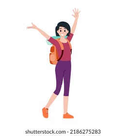 Young happy woman tourist flat cartoon character. Traveling people on summer vacation trip, Isolated on white background.