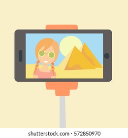 Young happy woman traveling alone to Egypt. Caucasian girl make photo. Adventure trip.  Around the world. Vector illustration on cartoon style