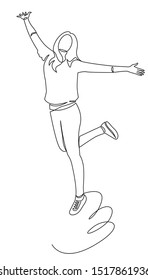 Young Happy woman try to fly continuous one line drawing. Lady jumping in the air with expression of happiness, success, winning. Girl hands up vector illustration . Outline, hand drawn sketch design.