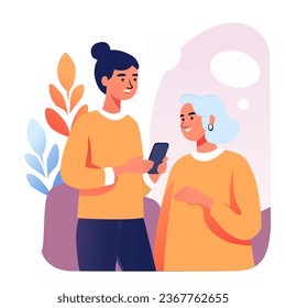 young happy woman uses a smartphone. Talking with her Mom. Flat Vector illustration