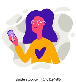 Young happy woman using smartphone. Social networks. Chatting. Internet communication. Isolated flat vector illustration