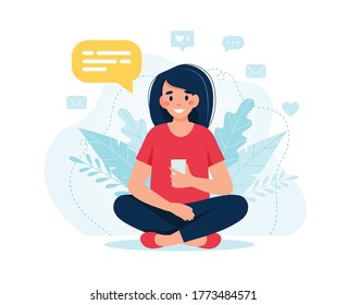 Young happy woman using smartphone Vector illustration in flat style