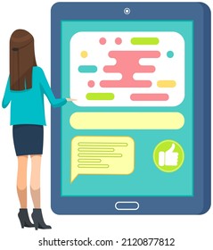 Young happy woman walking with mobile phone using smartphone to share posts and news in social networks, chatting with friends, sending message. Girl holds smart phone to make repost of video and news