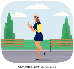 Young happy woman walking in park with mobile phone and coffee using smartphone to share posts and news in social networks, chatting with friends. Girl holds smart phone to make repost of video