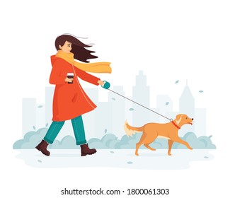 Young happy woman walks the dog in the city park. Strong wind blows. The concept of outdoor walks during the cold season. Pet is the best friend, animals from the shelter. Cartoon vector illustration
