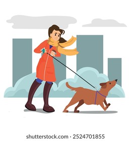 Joven mujer feliz pasea el perro en el parque de la ciudad. Fuerte viento sopla. El concepto de paseos al aire libre durante la estación fría. Pet es el mejor amigo, los animales del refugio. Ilustración vectorial de dibujos animados.