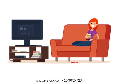 Young happy woman is watching TV.  She is sitting on the couch and watching a movie and laughing. Vector illustration. Flat style. Cartoon style