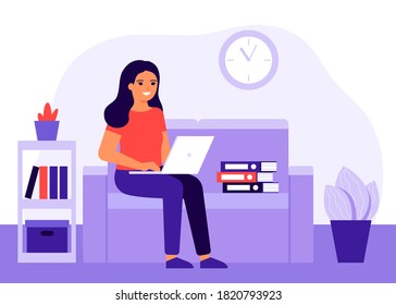 Young happy woman work home sitting an couch with laptop. Fun girl online remote work, study, learn course, communication. Workflow, workspace. Freelancer girl is employed home. Vector illustration